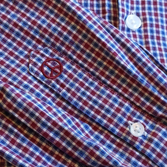 John Lennon Blue and Red Checkered Button Down Long Sleeve Shirt - Picture 6 of 10